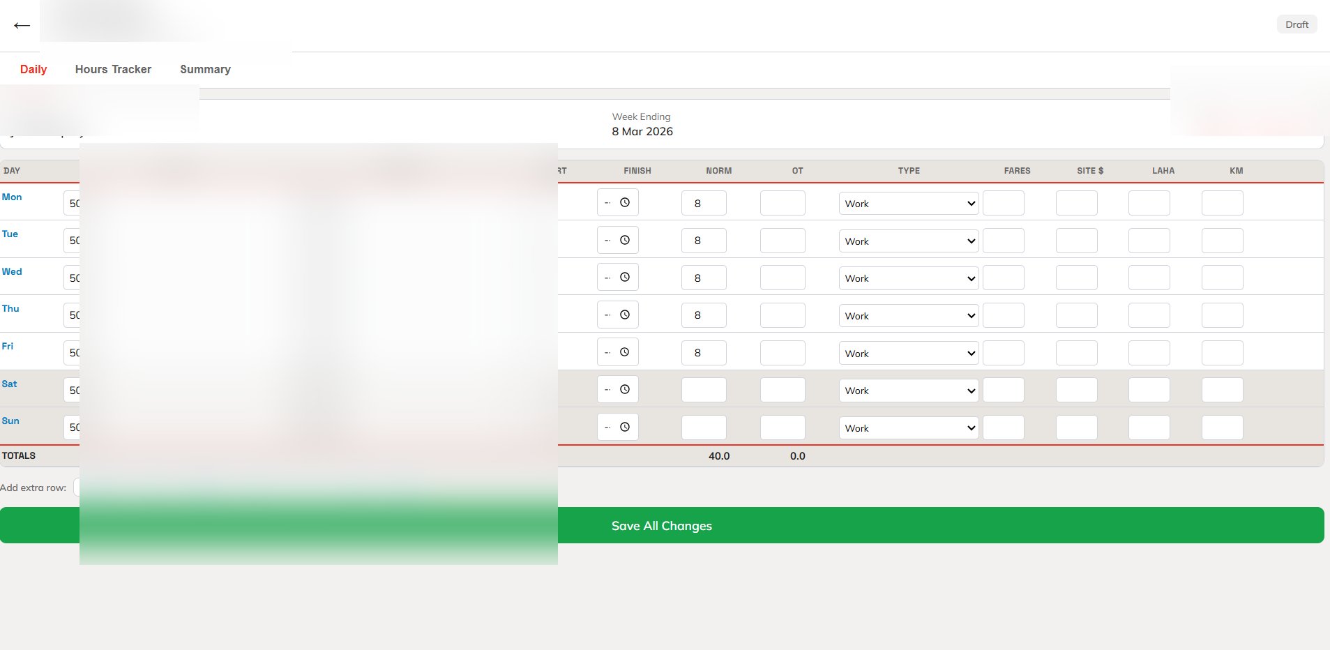 Timesheet entry with daily rows and day types