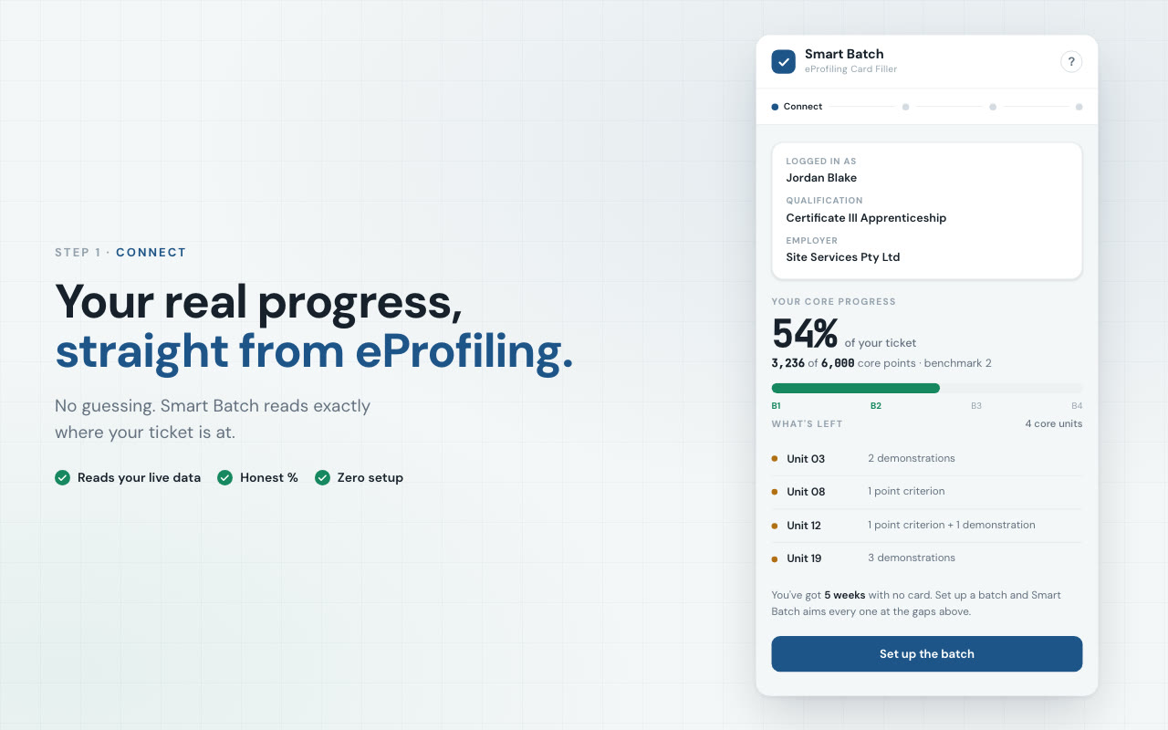 Smart Batch step 1: reads your live eProfiling progress, showing core points and the units you still need