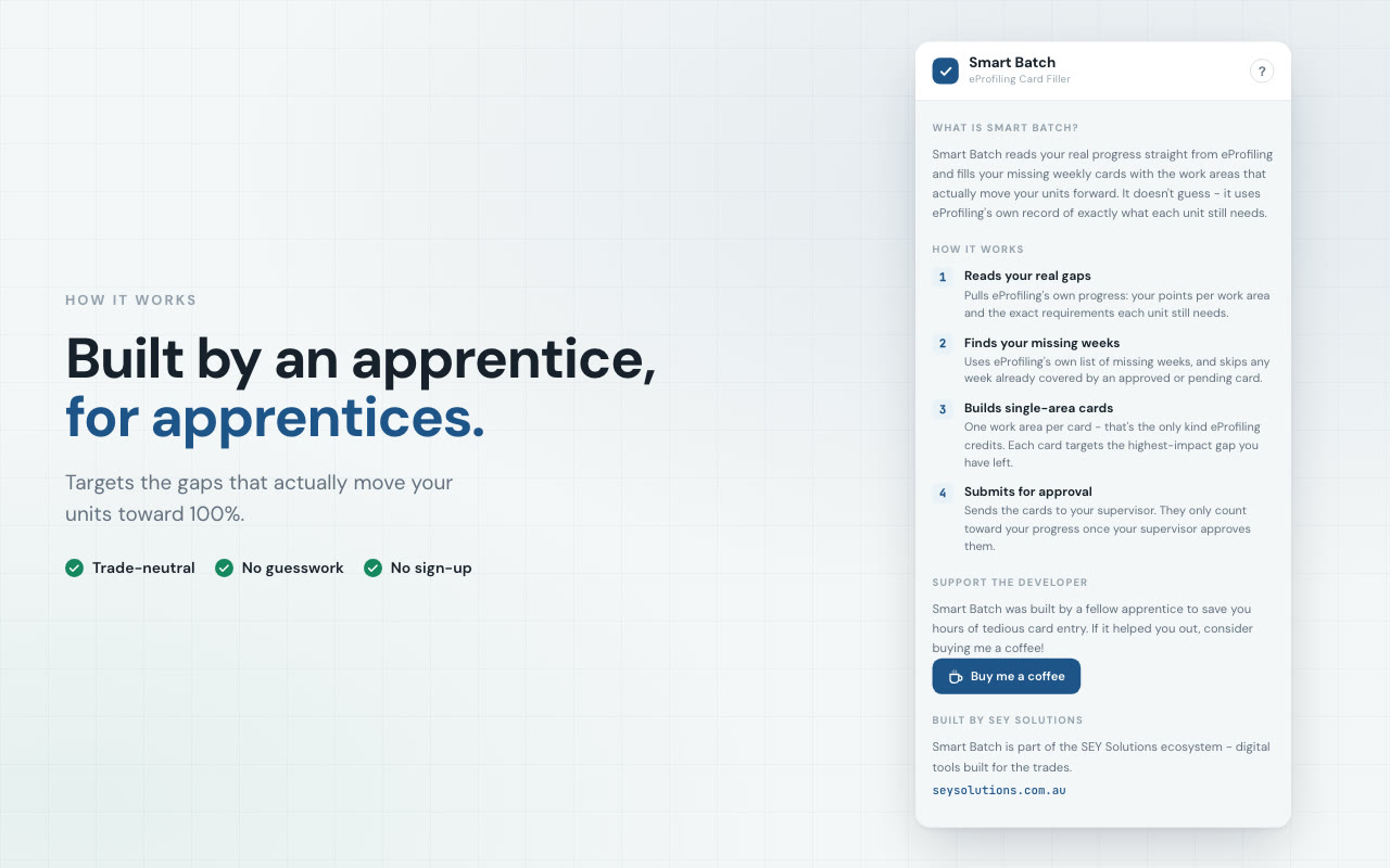 Smart Batch overview: trade-neutral eProfiling automation, built by an apprentice for apprentices