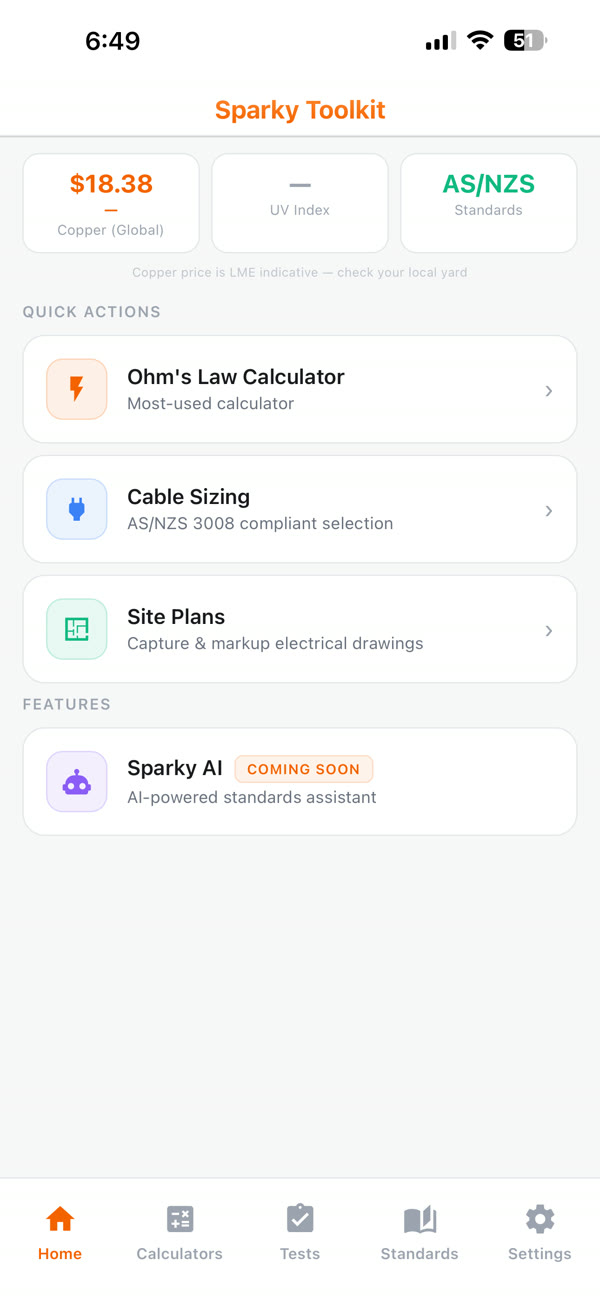 SparkyToolkit home screen with copper price, UV index, and quick actions
