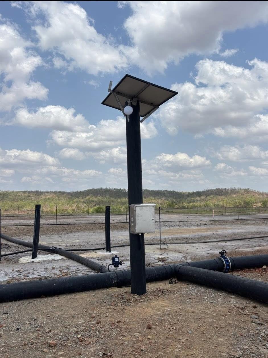 Complete solar node with panel, Ubiquiti radio, enclosure and valve piping